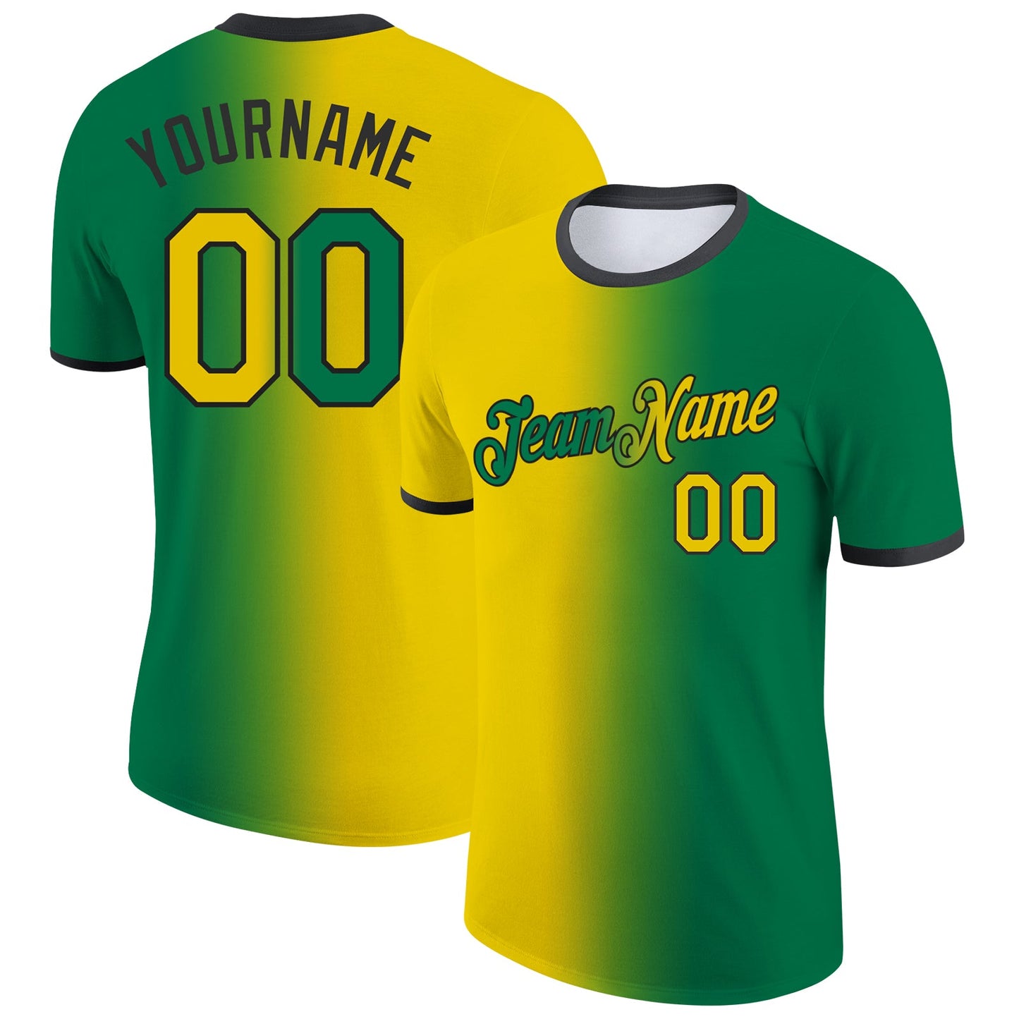 Custom Kelly Green Yellow-Black Gradient Fashion Performance T-Shirt - Main View