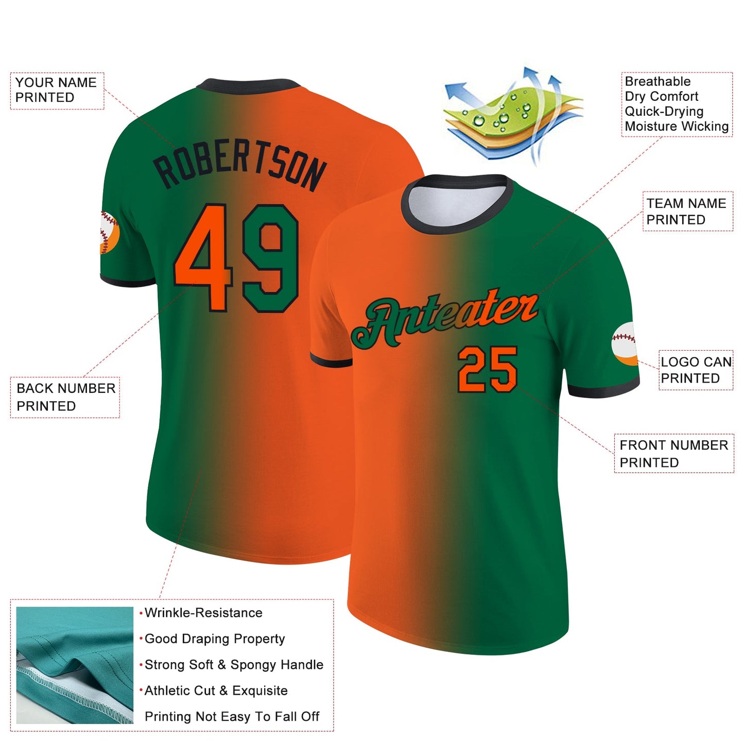 Custom Kelly Green Orange-Black Gradient Fashion Performance T-Shirt view 2