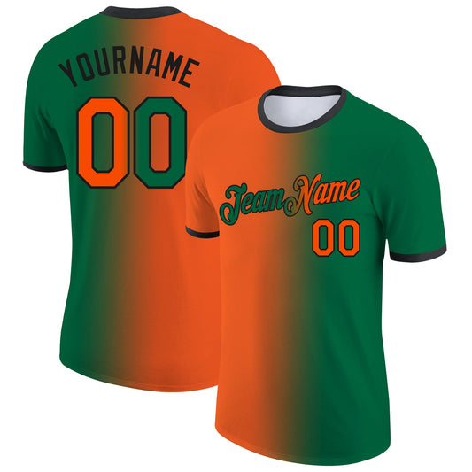 Custom Kelly Green Orange-Black Gradient Fashion Performance T-Shirt - Main View