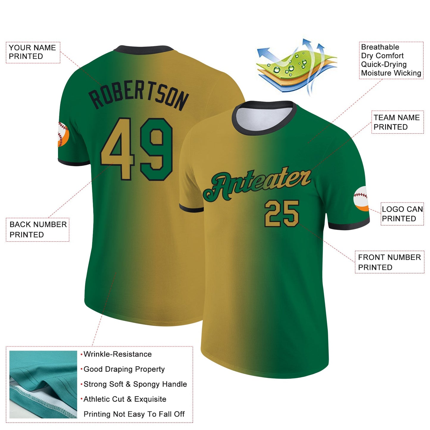 Custom Kelly Green Old Gold-Black Gradient Fashion Performance T-Shirt view 2