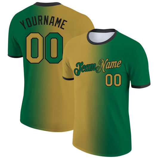 Custom Kelly Green Old Gold-Black Gradient Fashion Performance T-Shirt - Main View