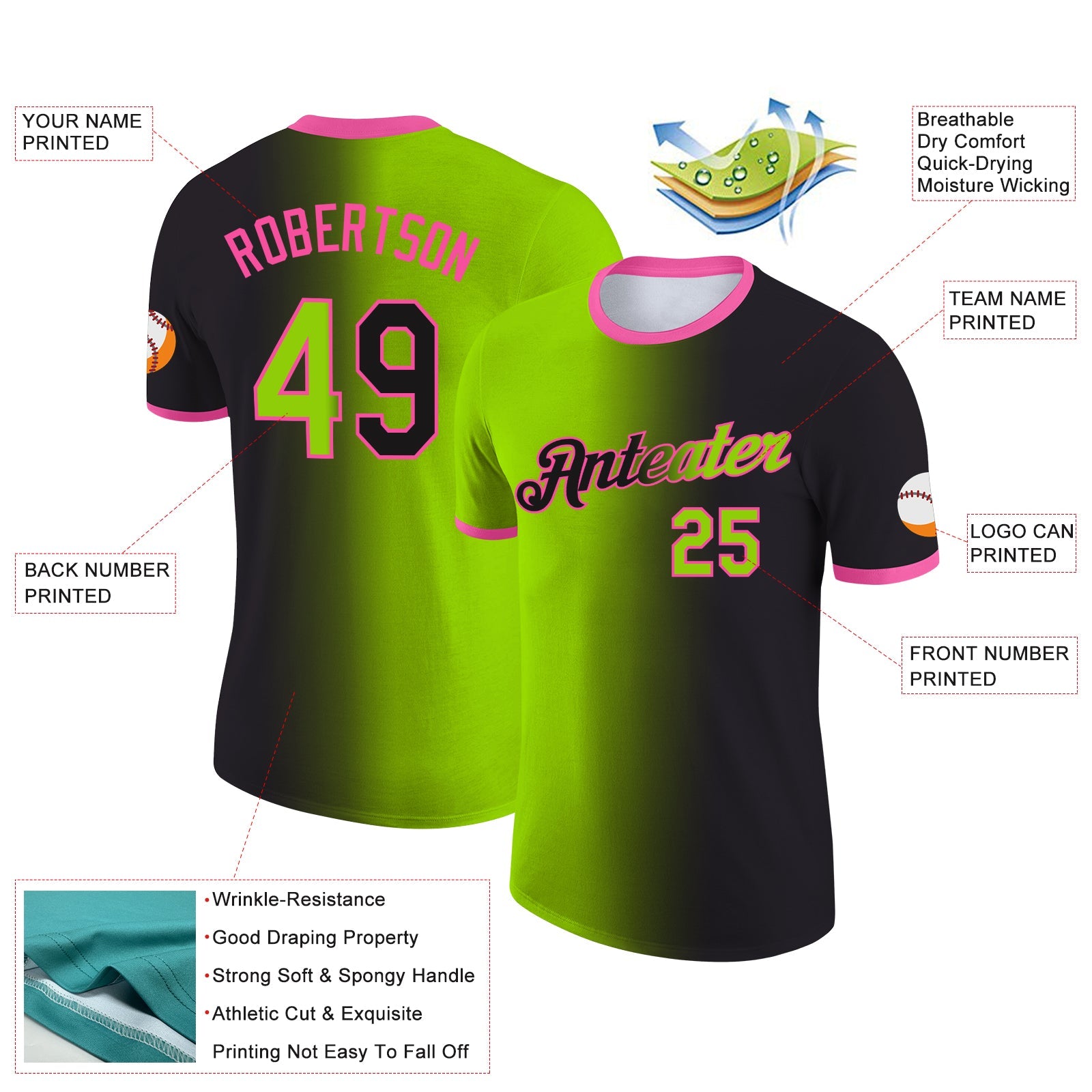 Custom Black Neon Green-Pink Gradient Fashion Performance T-Shirt view 2