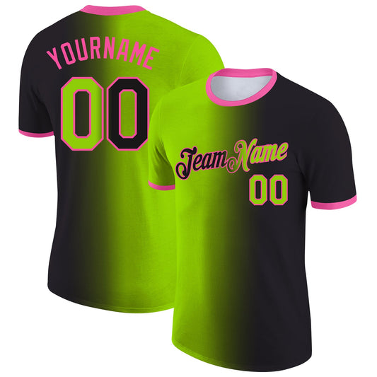 Custom Black Neon Green-Pink Gradient Fashion Performance T-Shirt - Main View