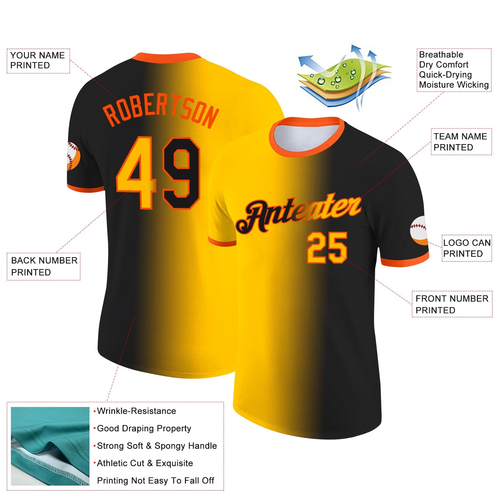 Custom Black Gold-Orange Gradient Fashion Performance T-Shirt view 2