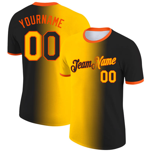Custom Black Gold-Orange Gradient Fashion Performance T-Shirt - Main View