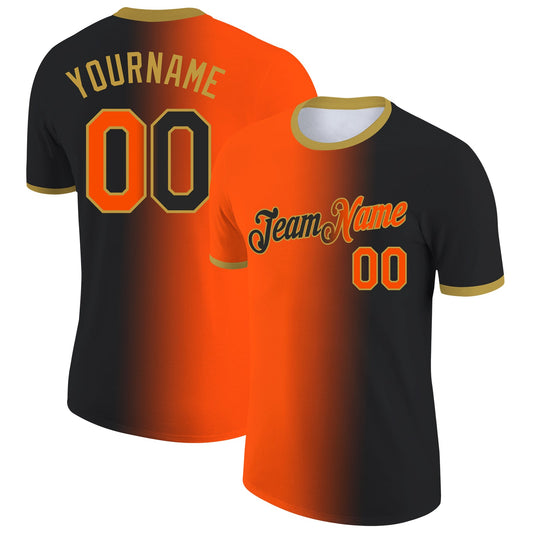 Custom Black Orange-Old Gold Gradient Fashion Performance T-Shirt - Main View