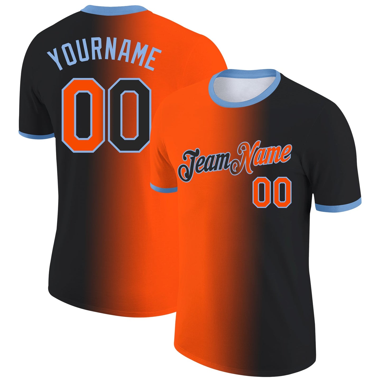 Custom Black Orange-Light Blue Gradient Fashion Performance T-Shirt - Main View