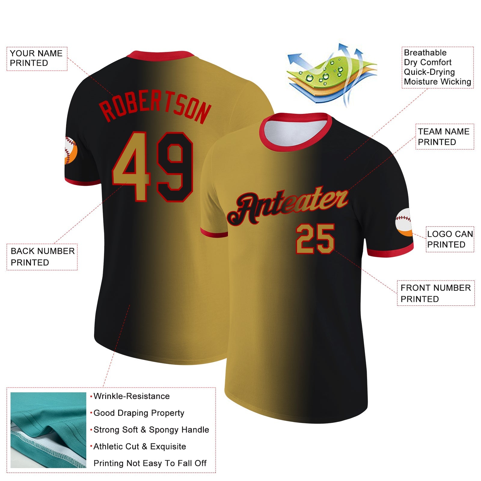 Custom Black Old Gold-Red Gradient Fashion Performance T-Shirt view 2