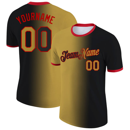 Custom Black Old Gold-Red Gradient Fashion Performance T-Shirt - Main View