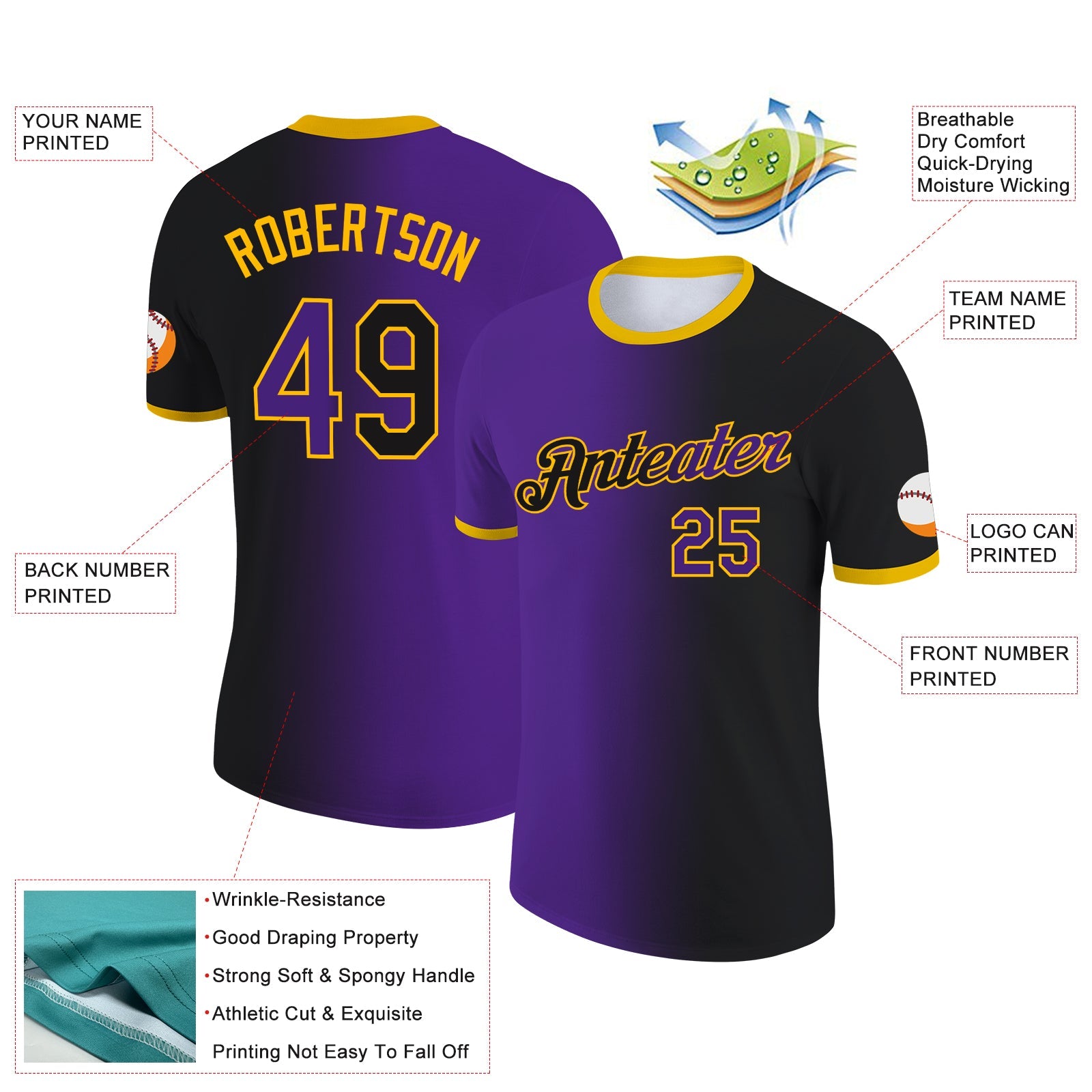 Custom Black Purple-Gold Gradient Fashion Performance T-Shirt view 2