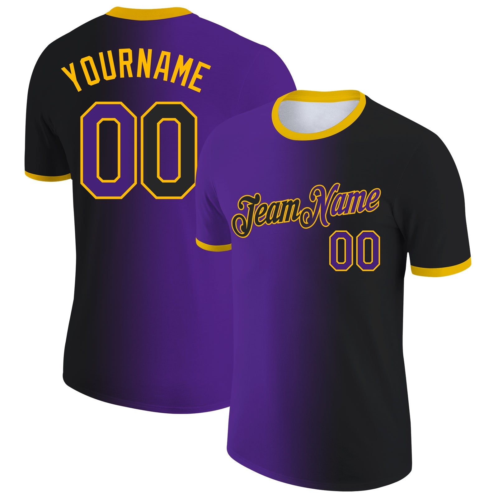Custom Black Purple-Gold Gradient Fashion Performance T-Shirt - Main View