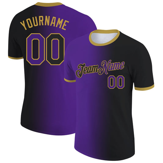 Custom Black Purple-Old Gold Gradient Fashion Performance T-Shirt - Main View
