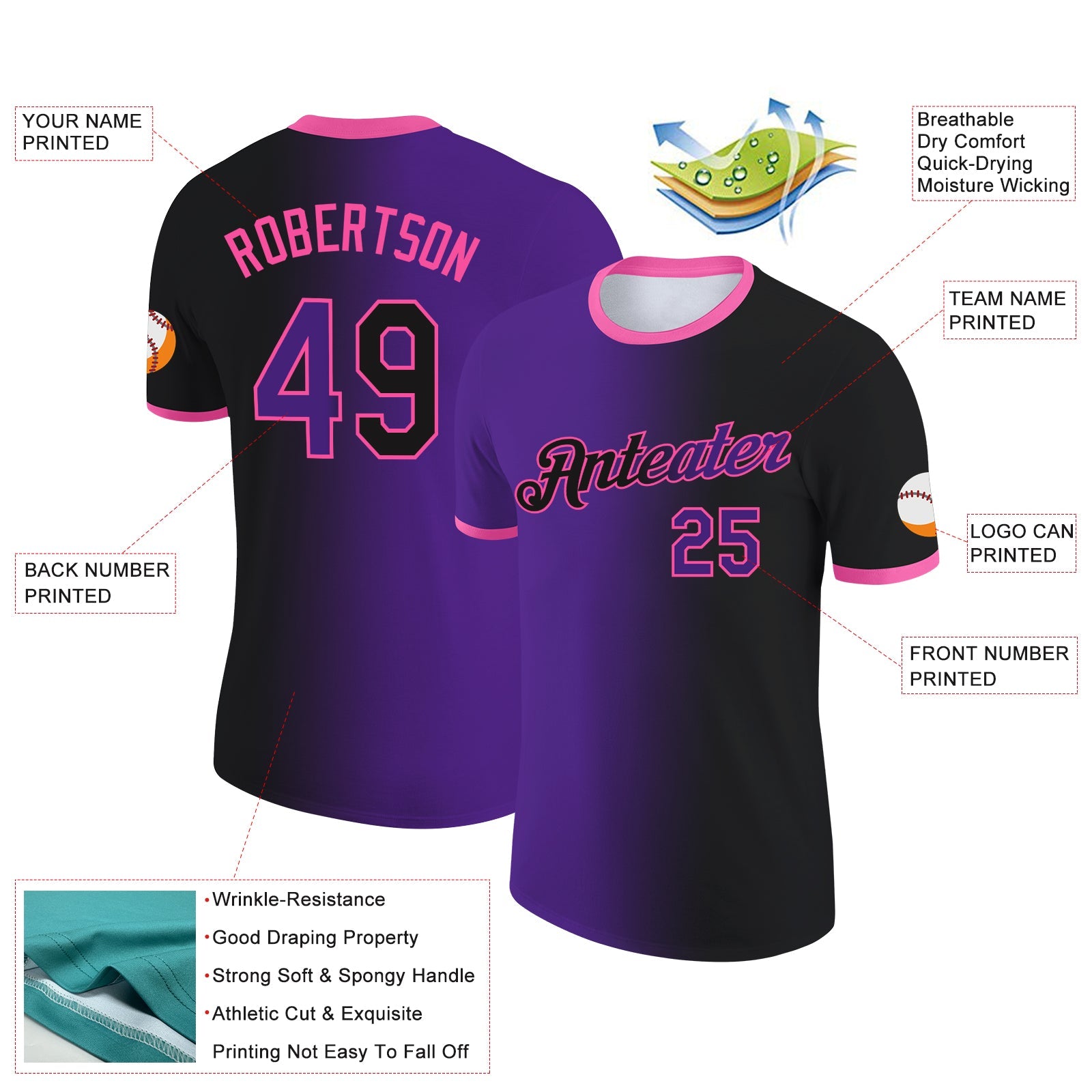 Custom Black Purple-Pink Gradient Fashion Performance T-Shirt view 2