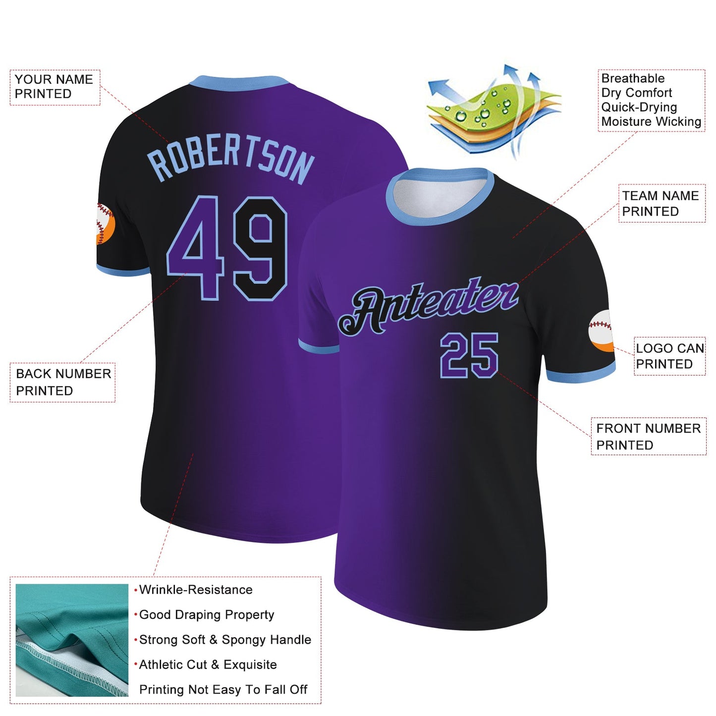 Custom Black Purple-Light Blue Gradient Fashion Performance T-Shirt view 2