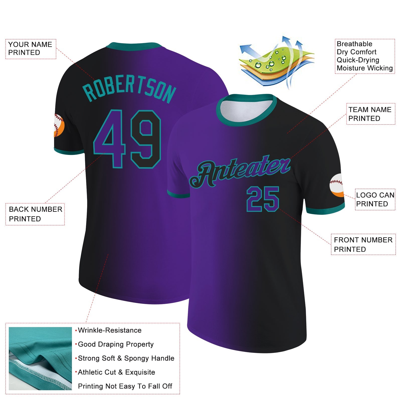 Custom Black Purple-Teal Gradient Fashion Performance T-Shirt view 2