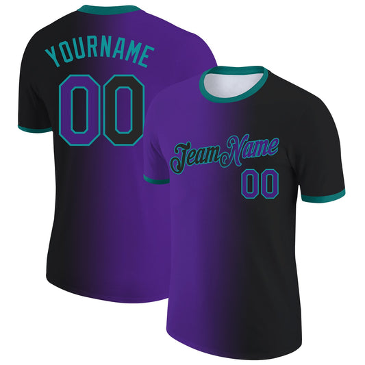 Custom Black Purple-Teal Gradient Fashion Performance T-Shirt - Main View