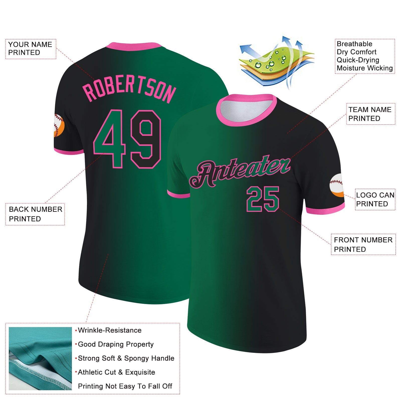Custom Black Kelly Green-Pink Gradient Fashion Performance T-Shirt view 2