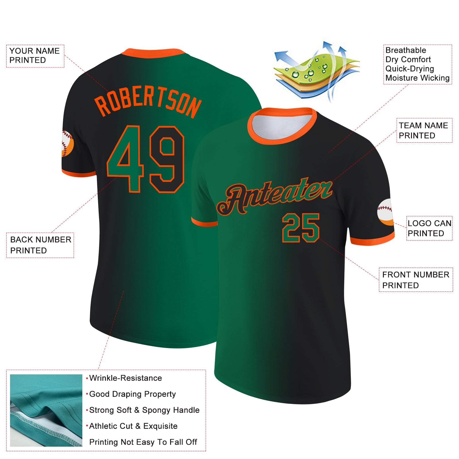 Custom Black Kelly Green-Orange Gradient Fashion Performance T-Shirt view 2
