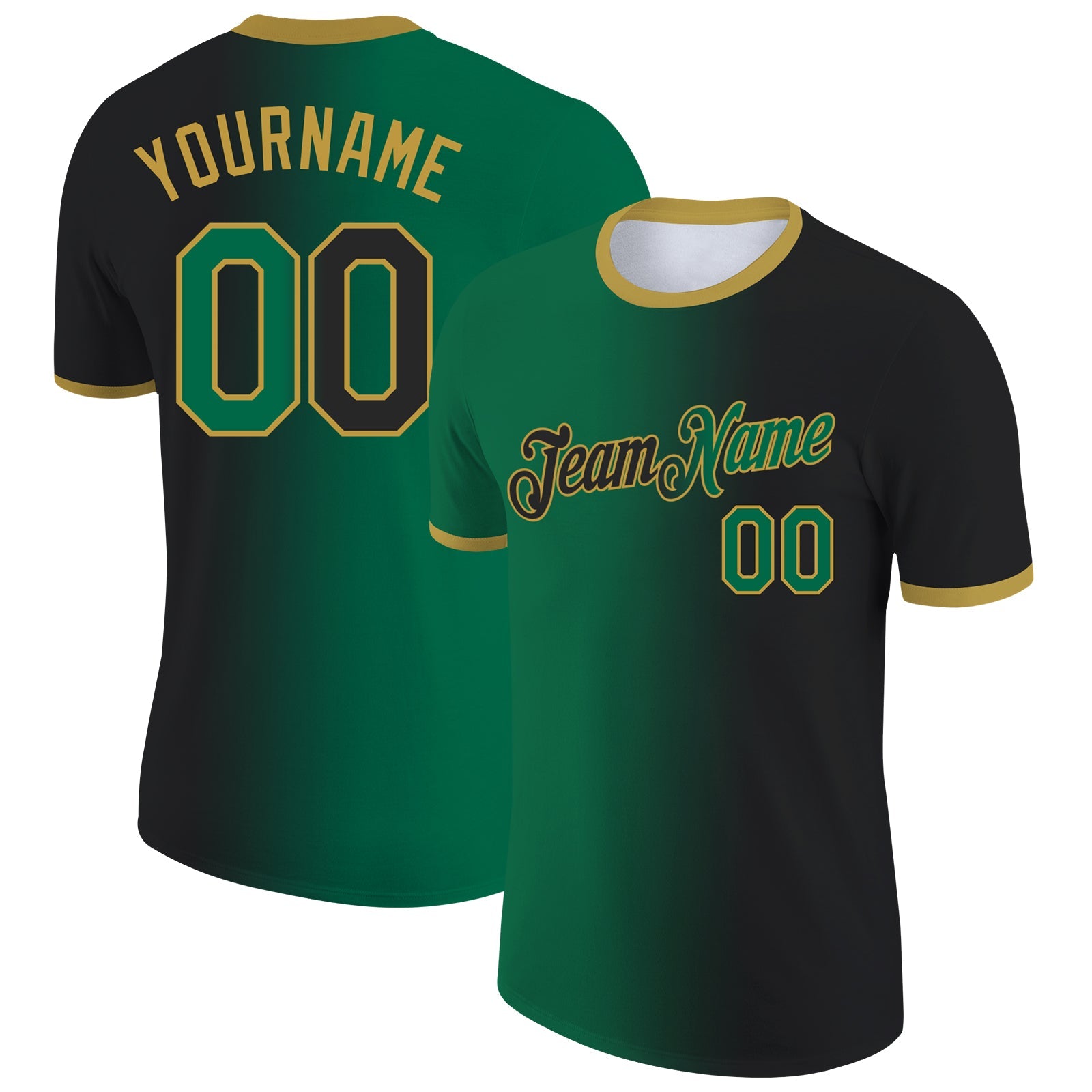 Custom Black Kelly Green-Old Gold Gradient Fashion Performance T-Shirt - Main View
