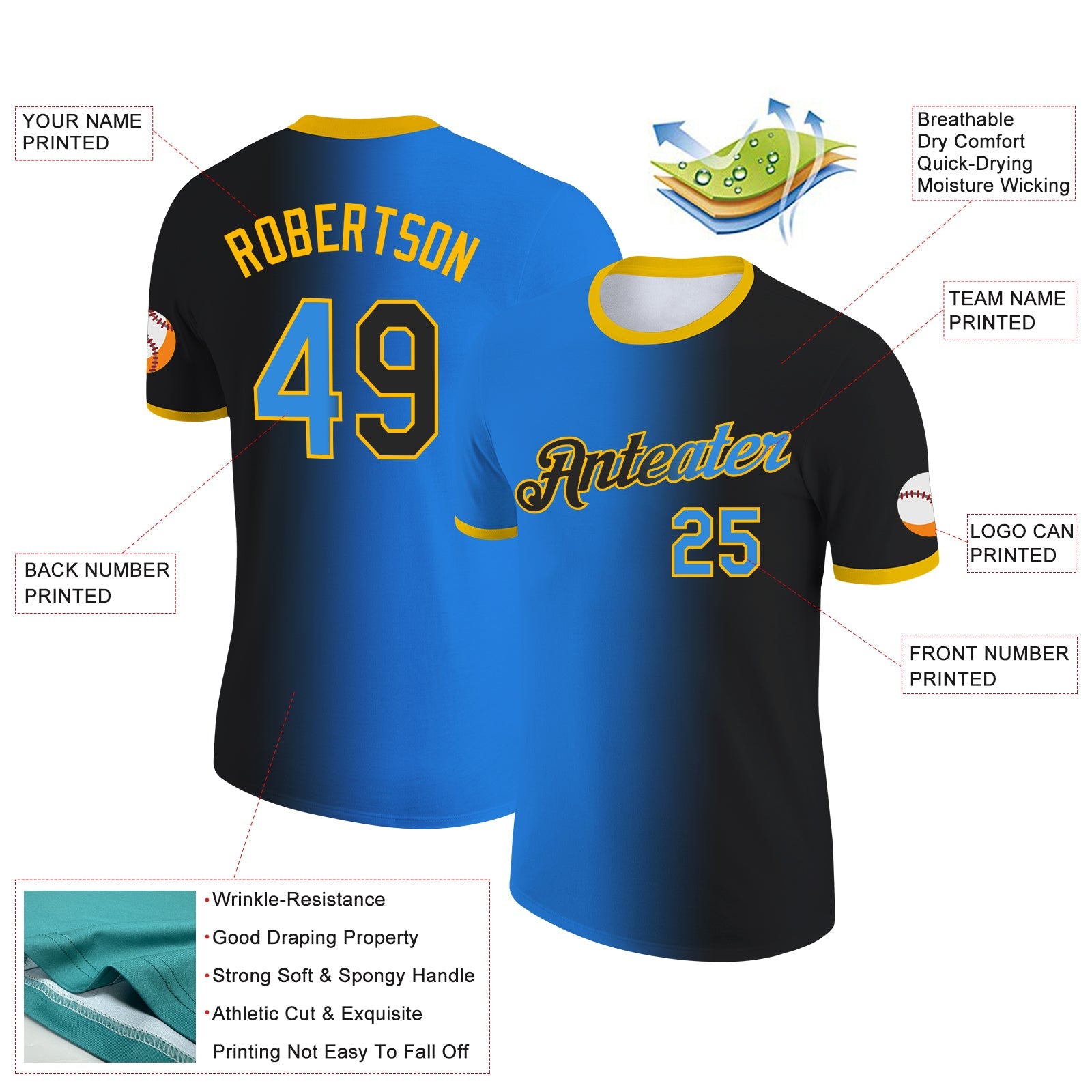 Custom Black Powder Blue-Gold Gradient Fashion Performance T-Shirt view 2