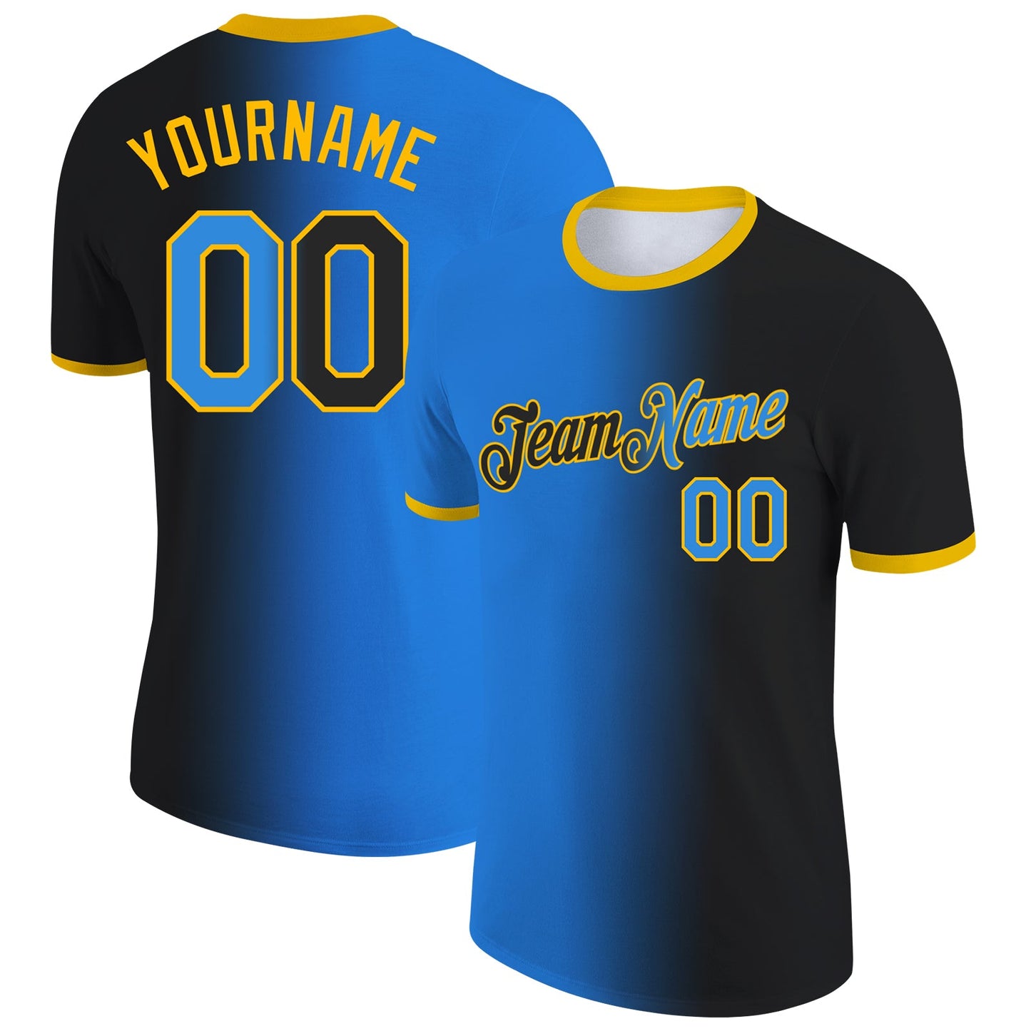 Custom Black Powder Blue-Gold Gradient Fashion Performance T-Shirt - Main View