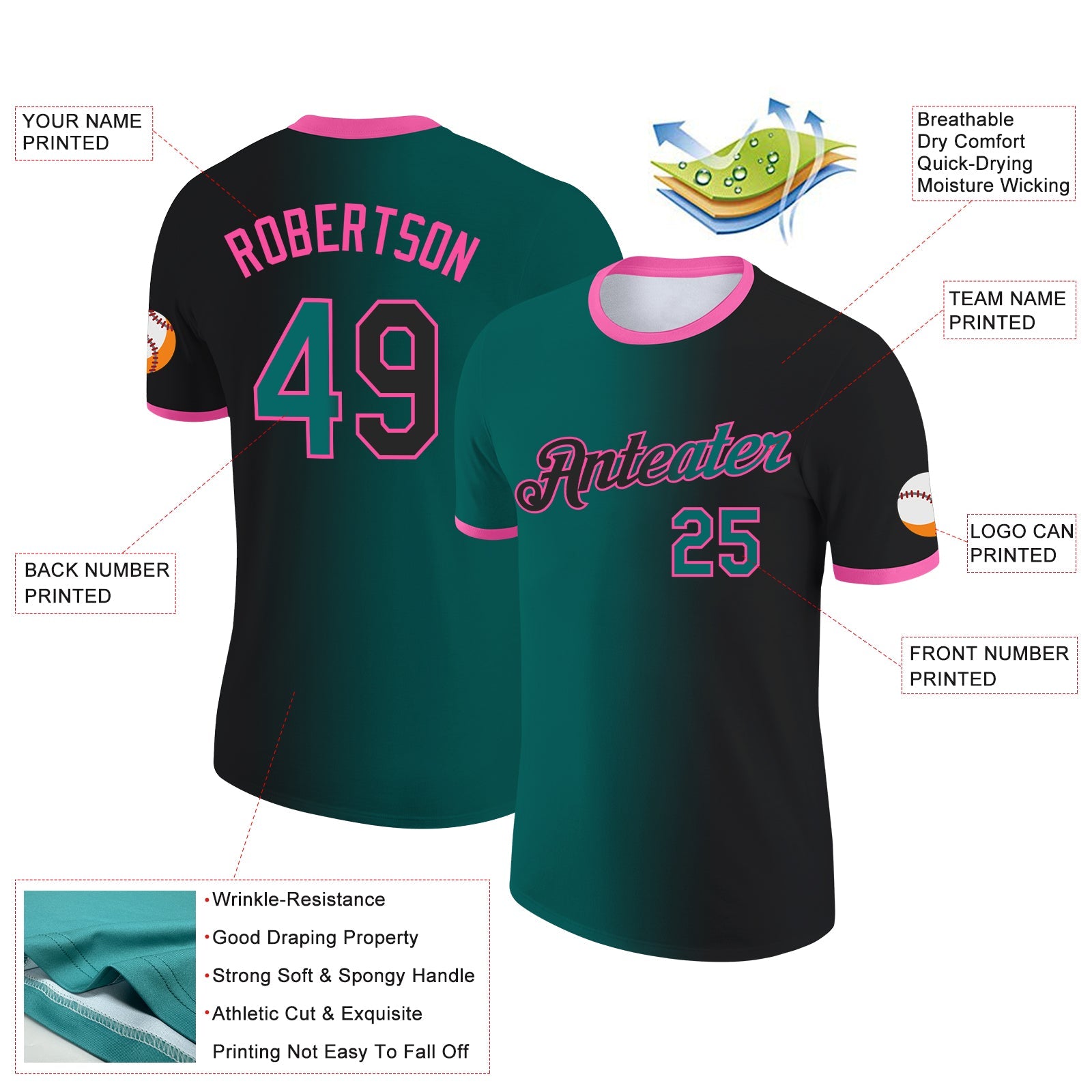Custom Black Teal-Pink Gradient Fashion Performance T-Shirt view 2