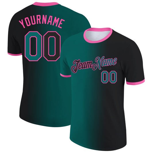 Custom Black Teal-Pink Gradient Fashion Performance T-Shirt - Main View