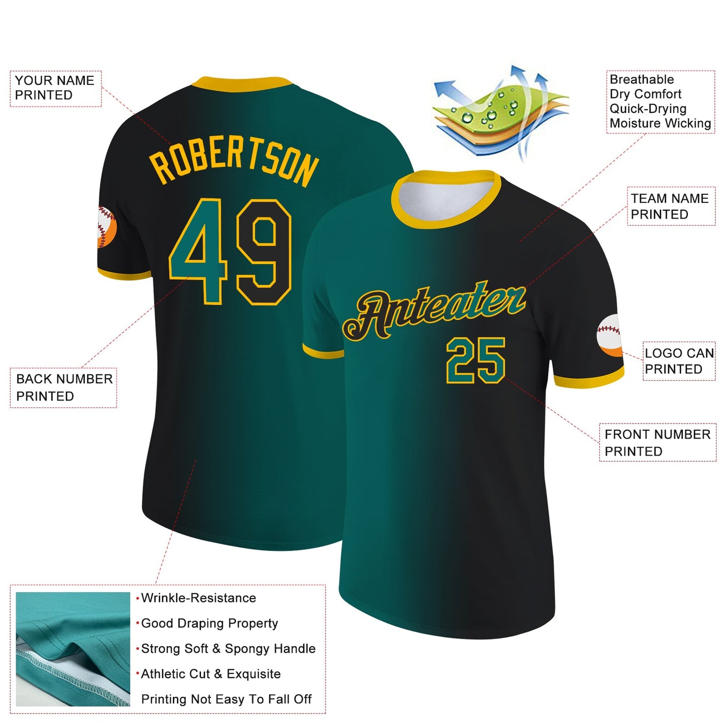 Custom Black Teal-Gold Gradient Fashion Performance T-Shirt view 2