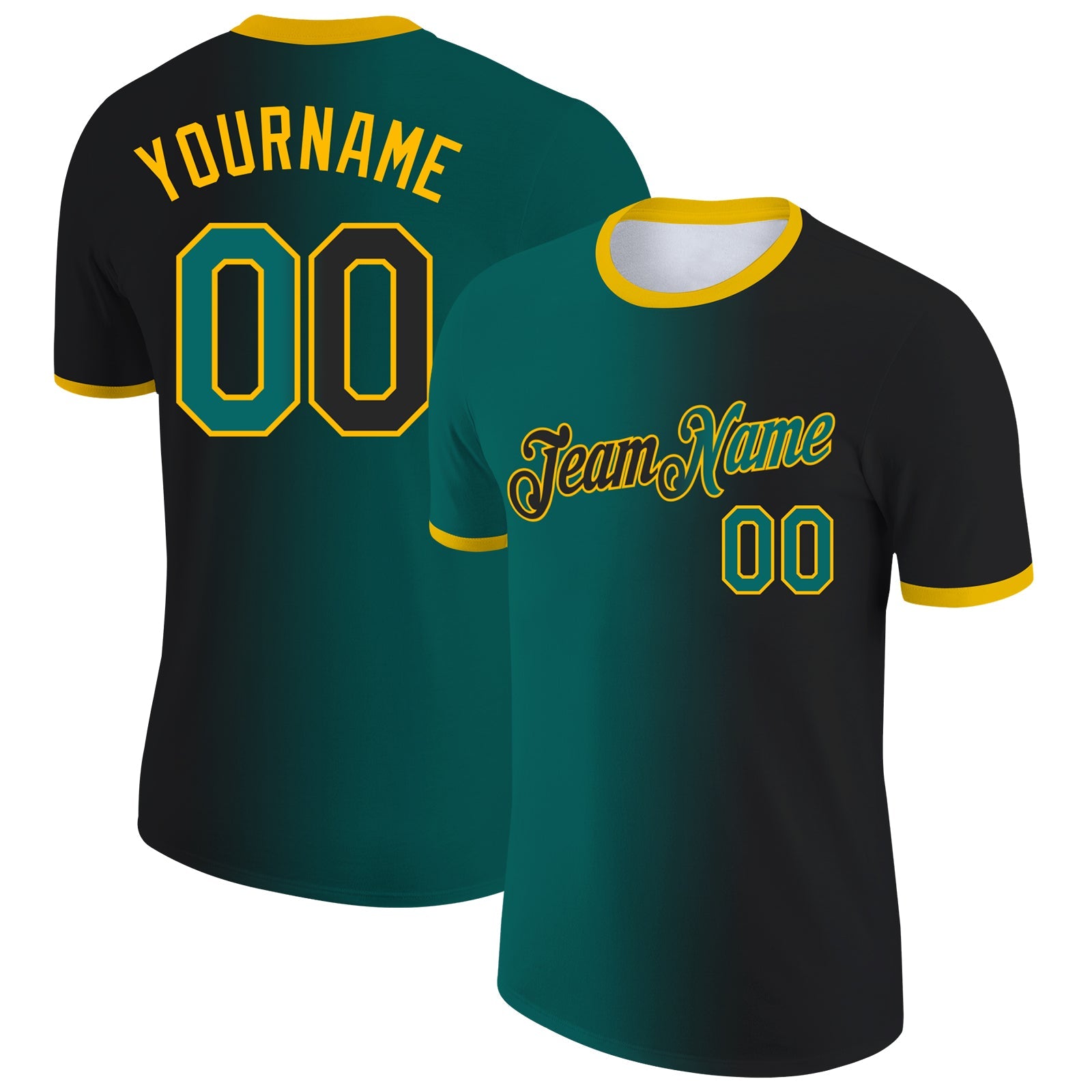 Custom Black Teal-Gold Gradient Fashion Performance T-Shirt - Main View