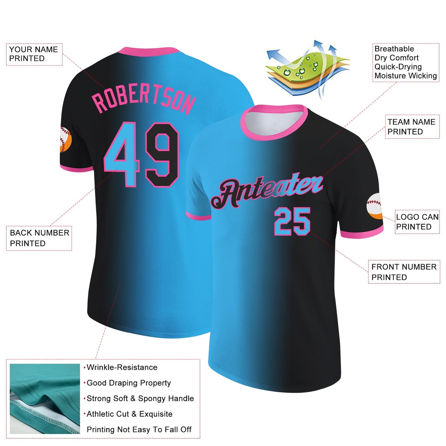 Custom Black Sky Blue-Pink Gradient Fashion Performance T-Shirt view 2