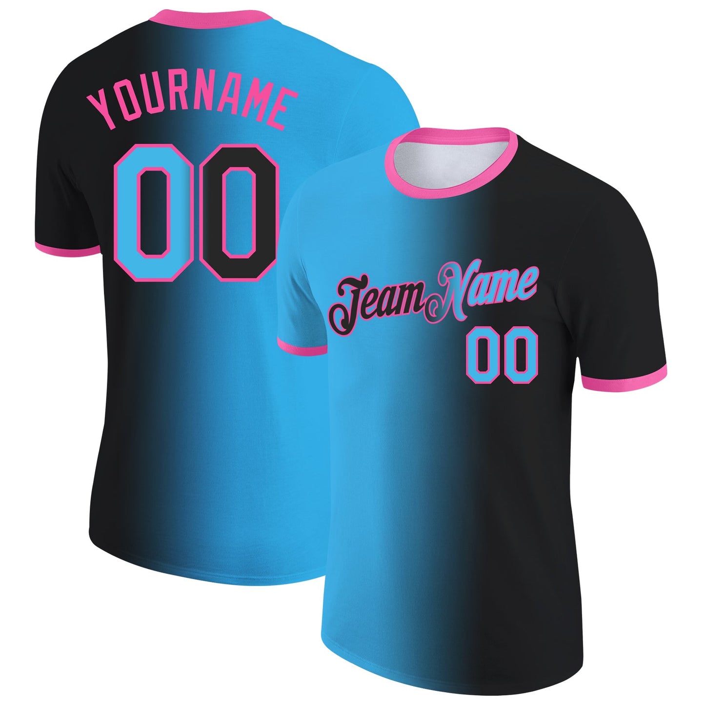 Custom Black Sky Blue-Pink Gradient Fashion Performance T-Shirt - Main View