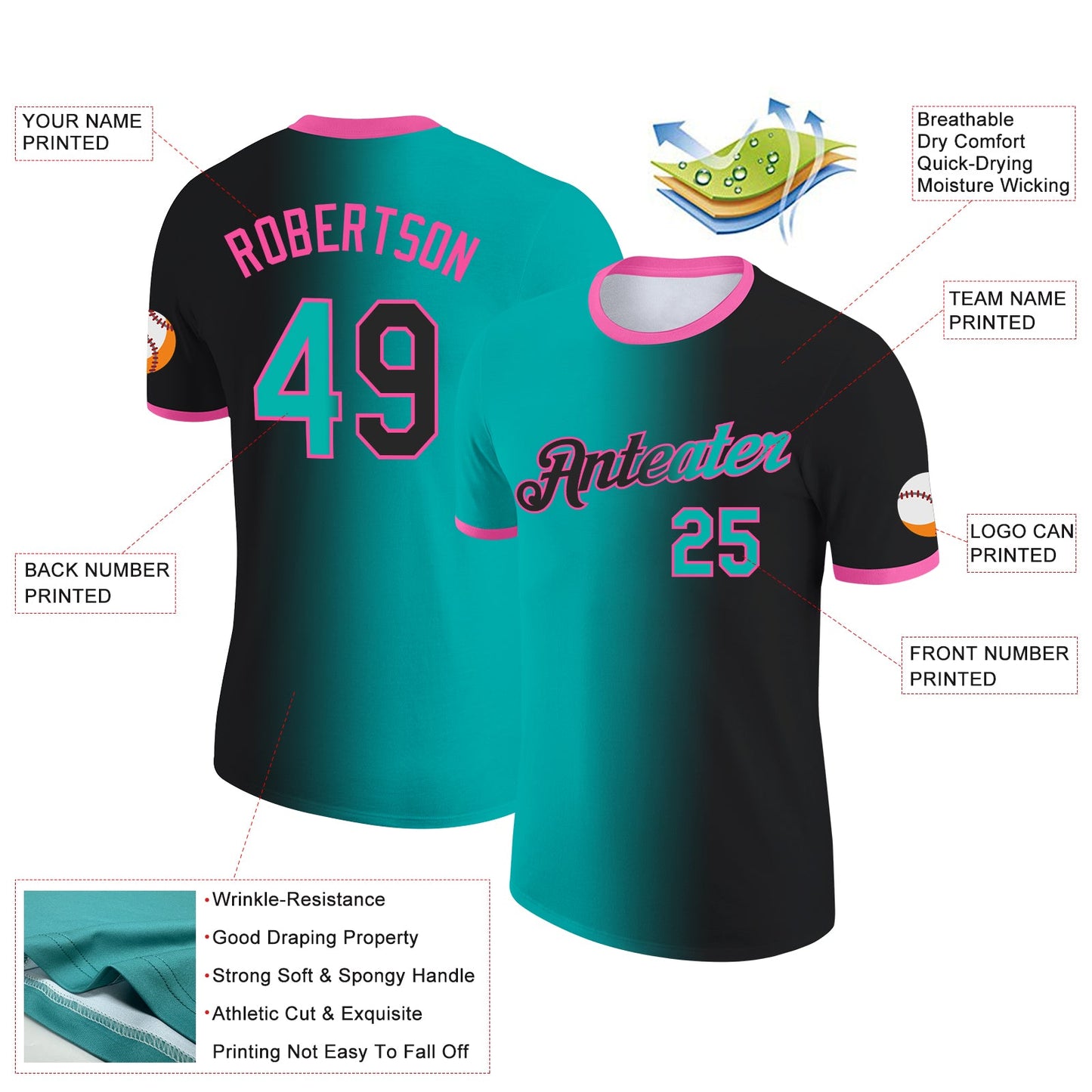 Custom Black Aqua-Pink Gradient Fashion Performance T-Shirt view 2