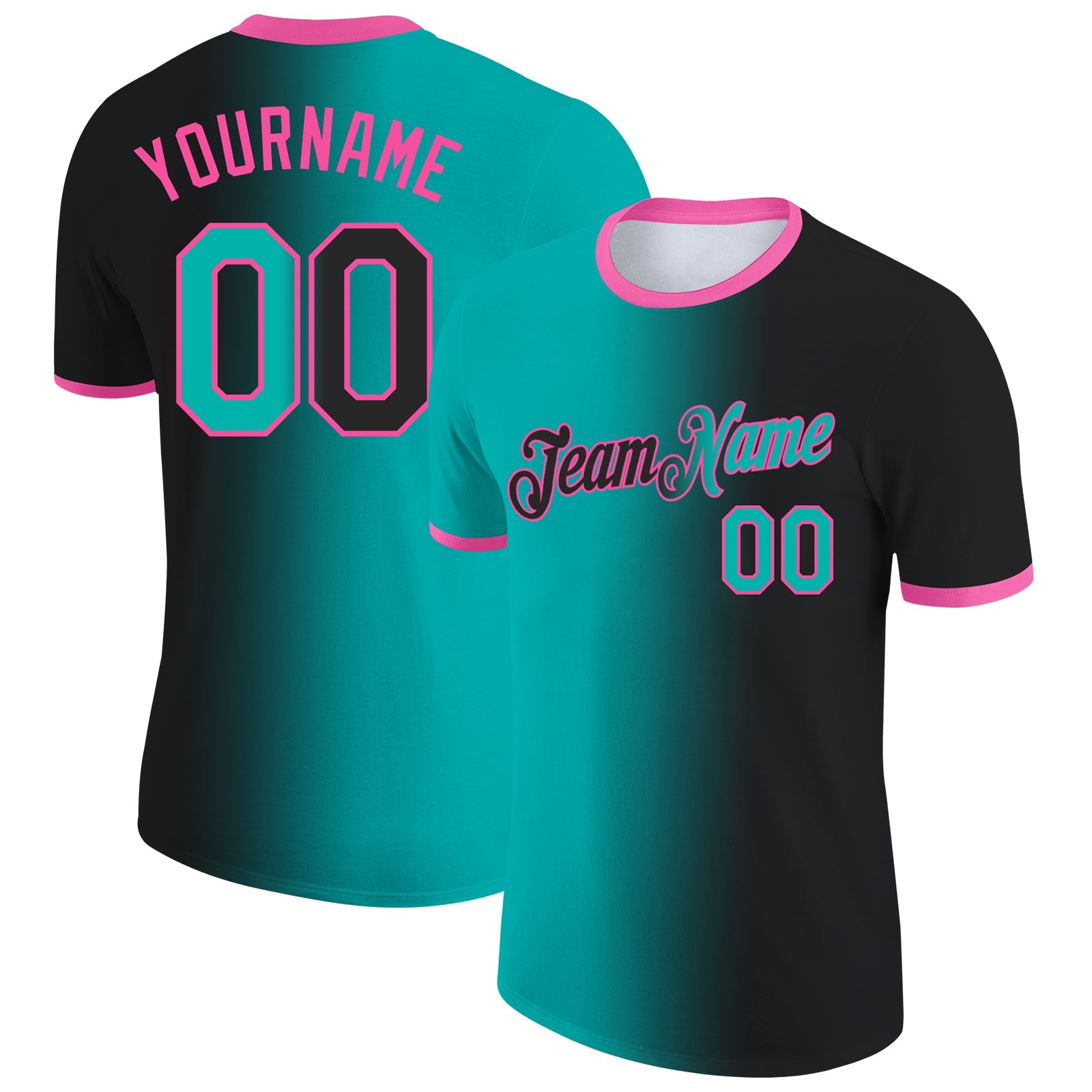 Custom Black Aqua-Pink Gradient Fashion Performance T-Shirt - Main View