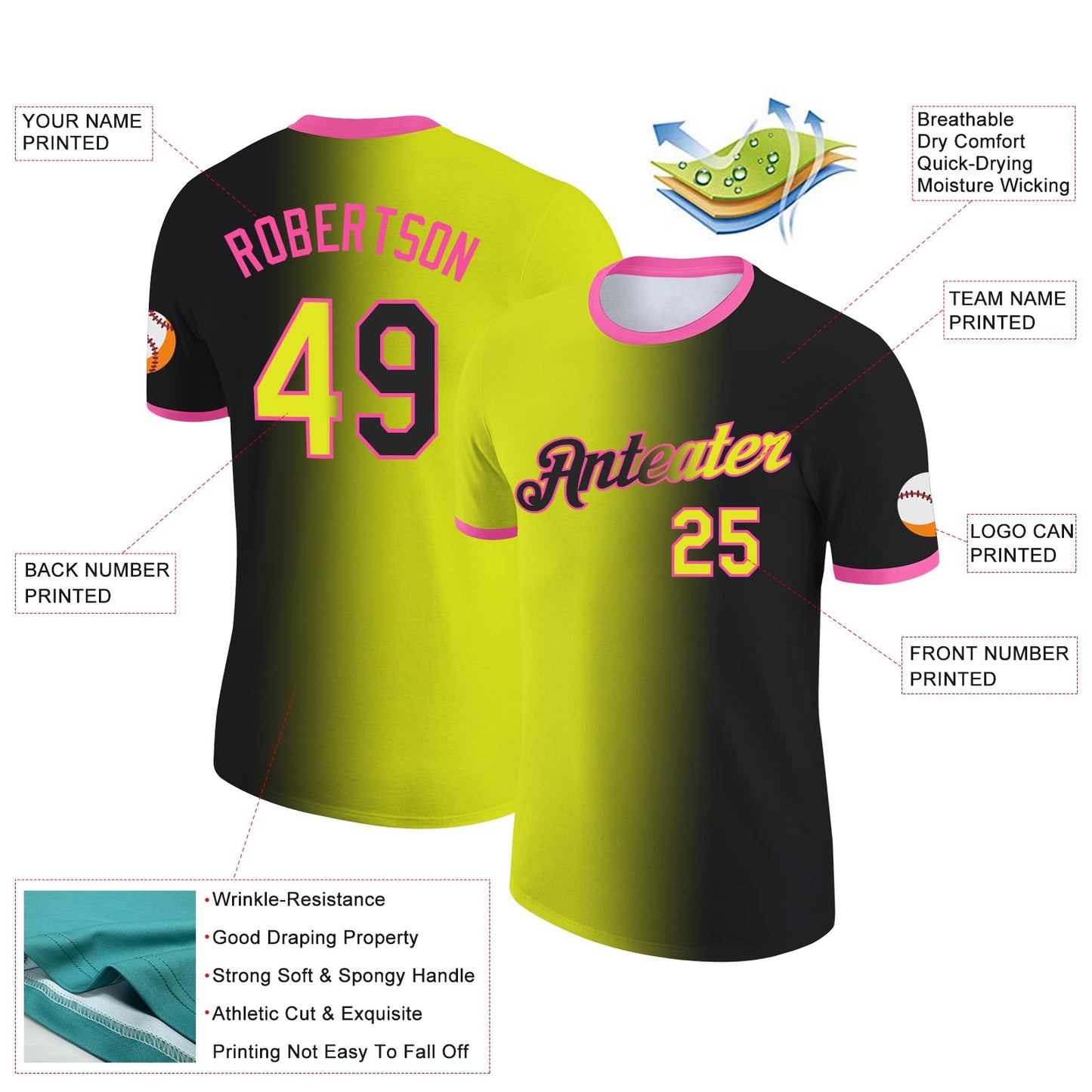 Custom Black Neon Yellow-Pink Gradient Fashion Performance T-Shirt view 2