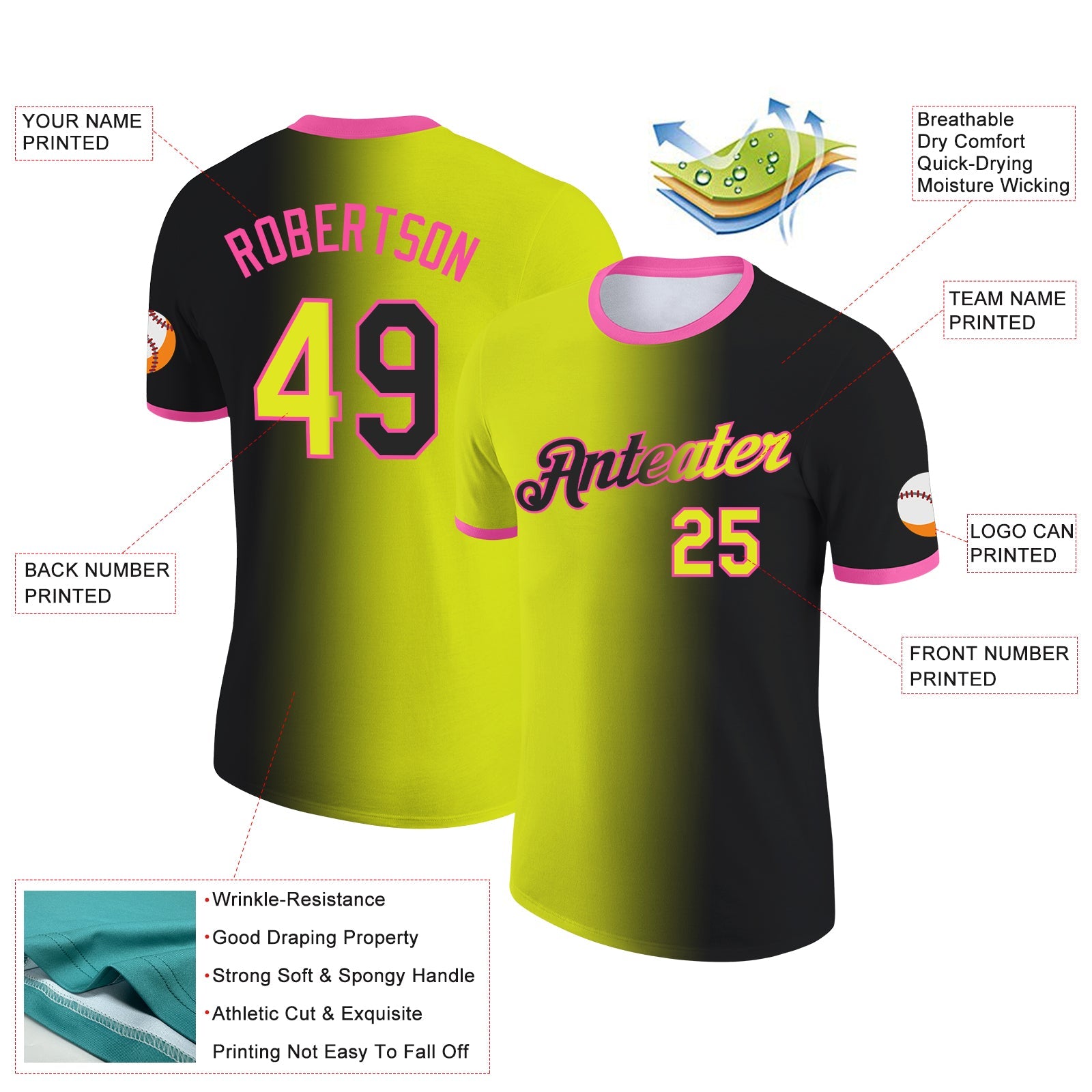 Custom Black Neon Yellow-Pink Gradient Fashion Performance T-Shirt view 2
