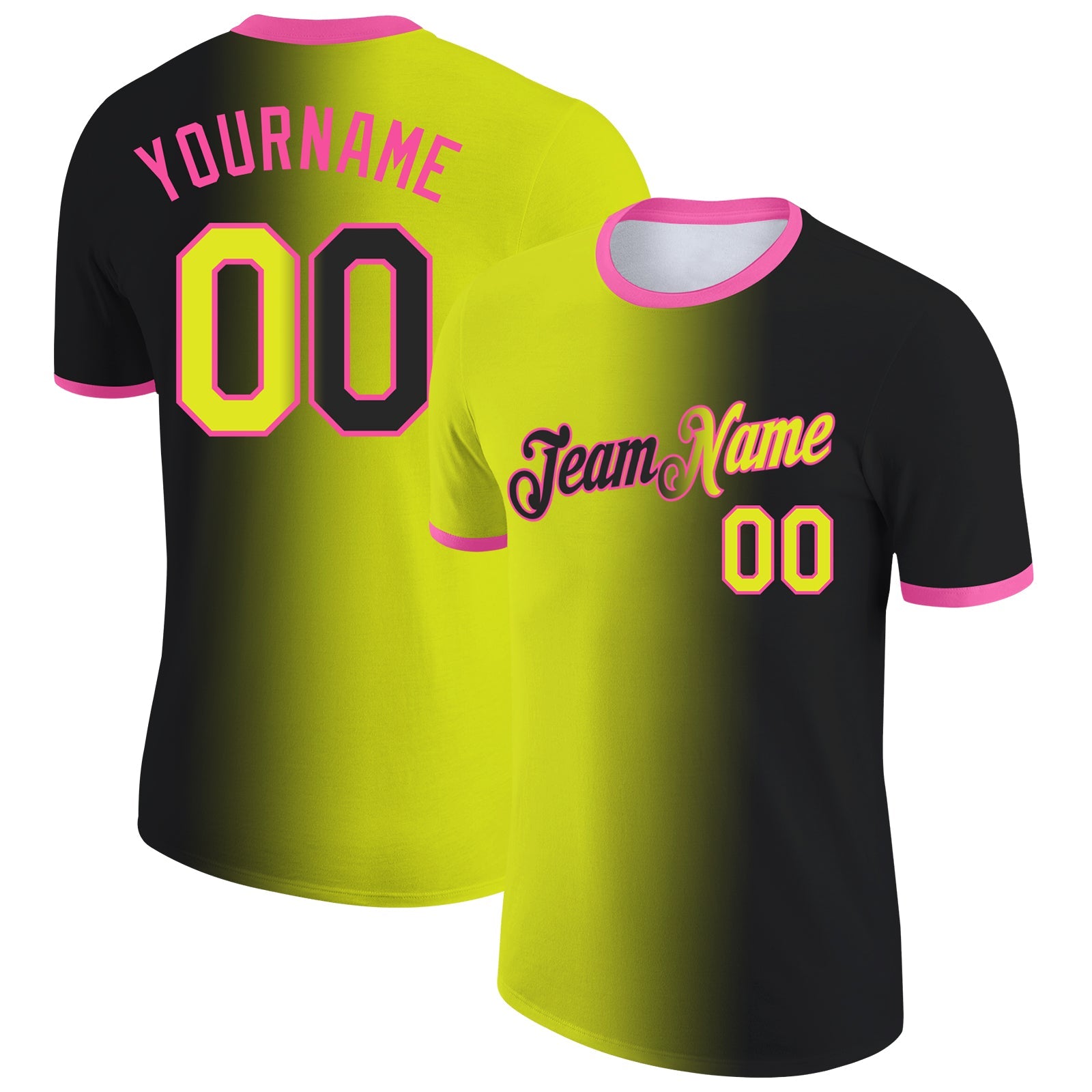 Custom Black Neon Yellow-Pink Gradient Fashion Performance T-Shirt - Main View