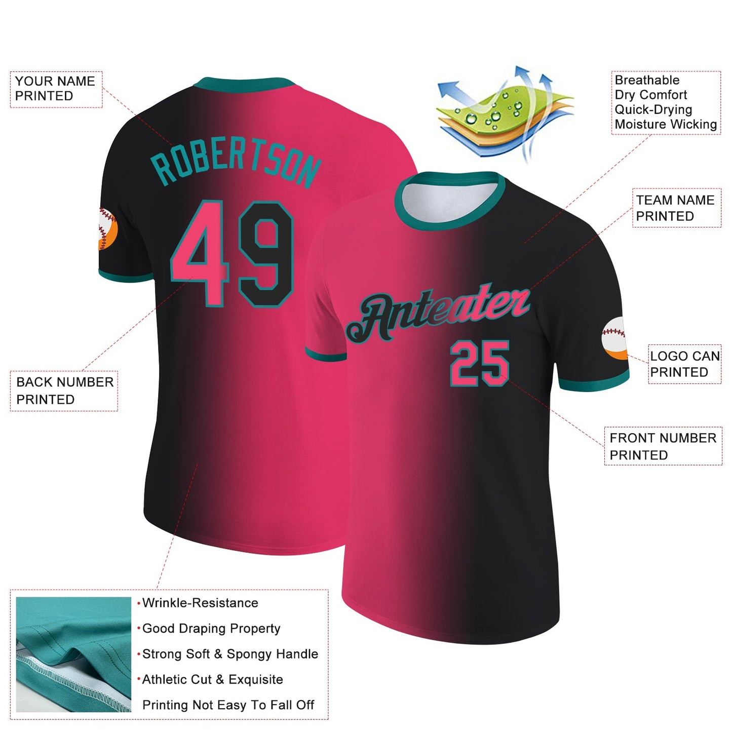 Custom Black Neon Pink-Teal Gradient Fashion Performance T-Shirt view 2