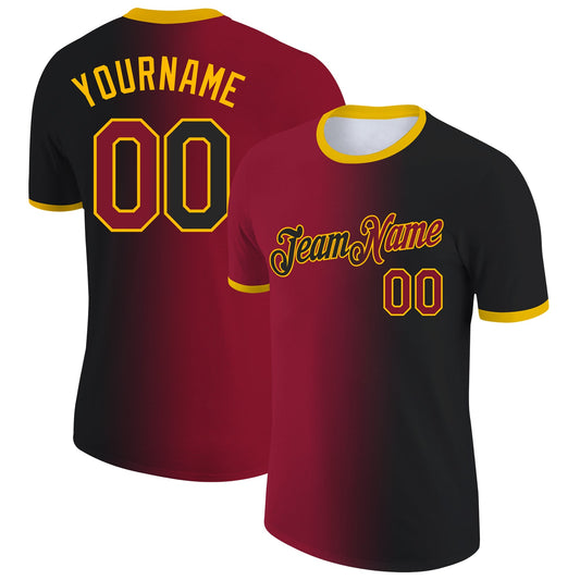 Custom Black Crimson-Gold Gradient Fashion Performance T-Shirt - Main View