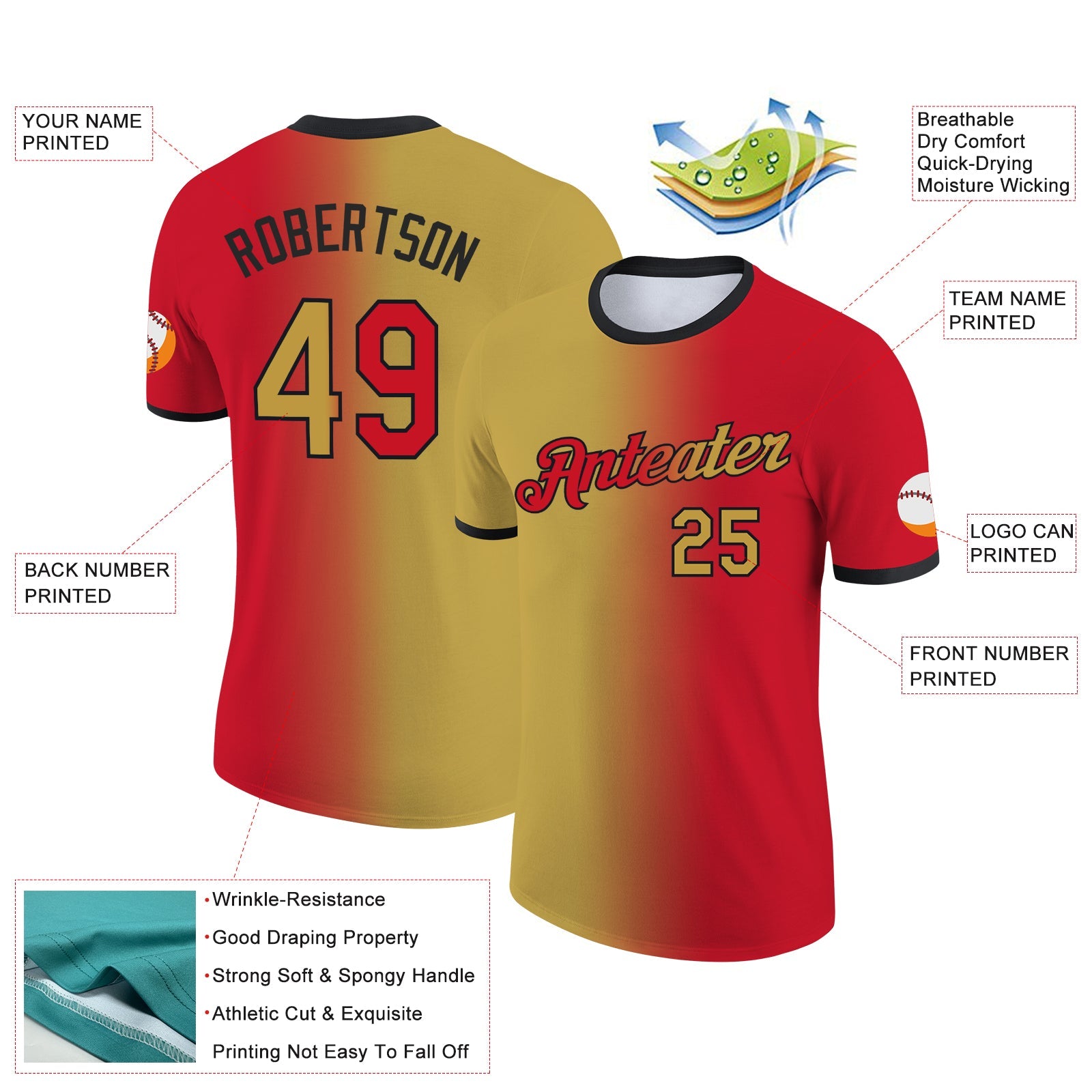 Custom Red Old Gold-Black Gradient Fashion Performance T-Shirt view 2