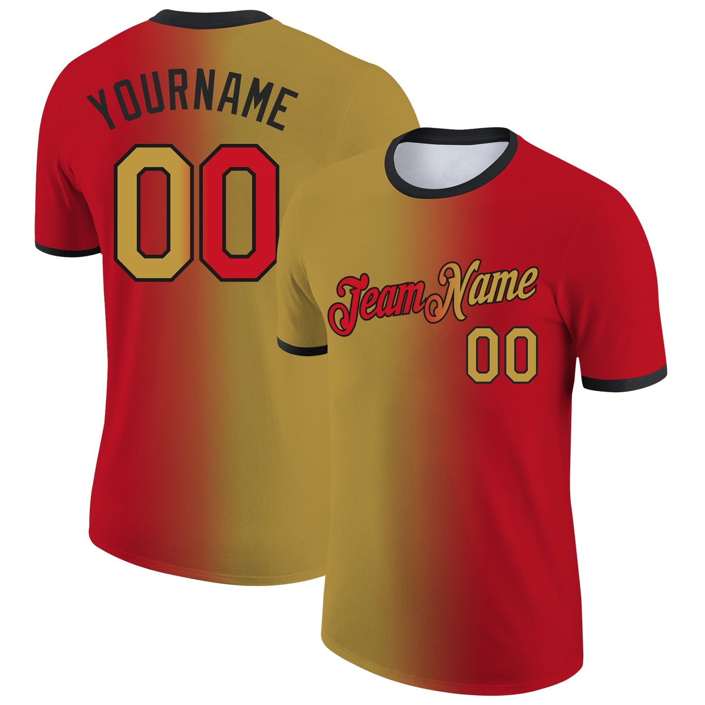 Custom Red Old Gold-Black Gradient Fashion Performance T-Shirt - Main View