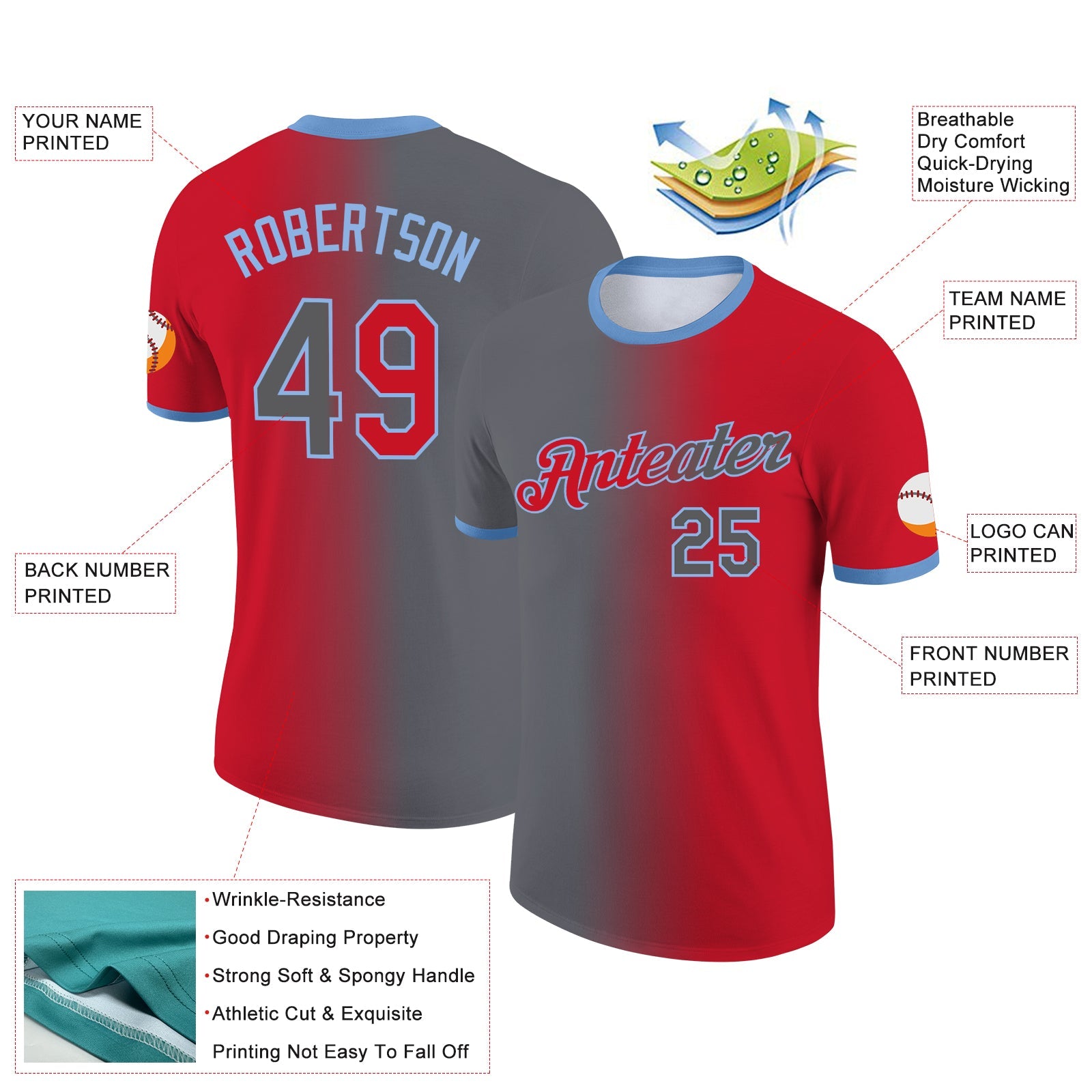 Custom Red Steel Gray-Light Blue Gradient Fashion Performance T-Shirt view 2