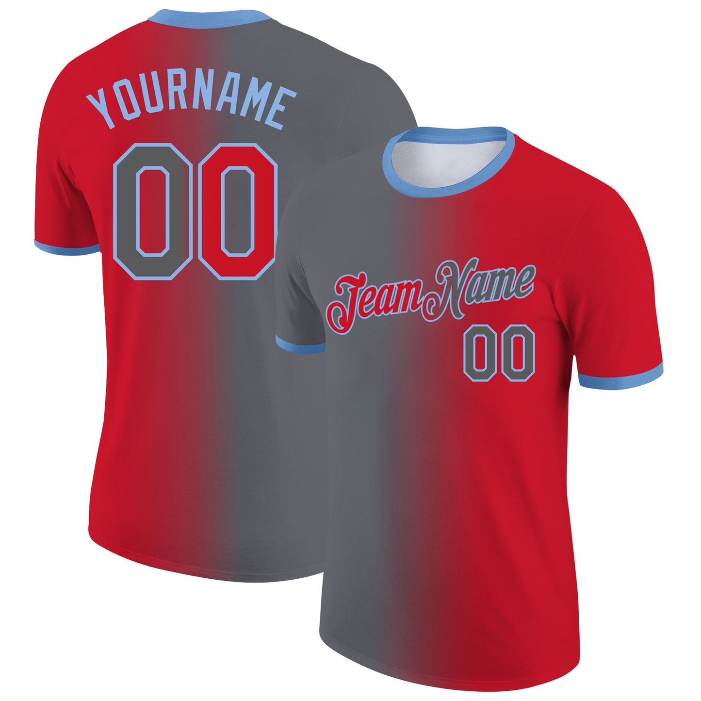 Custom Red Steel Gray-Light Blue Gradient Fashion Performance T-Shirt - Main View