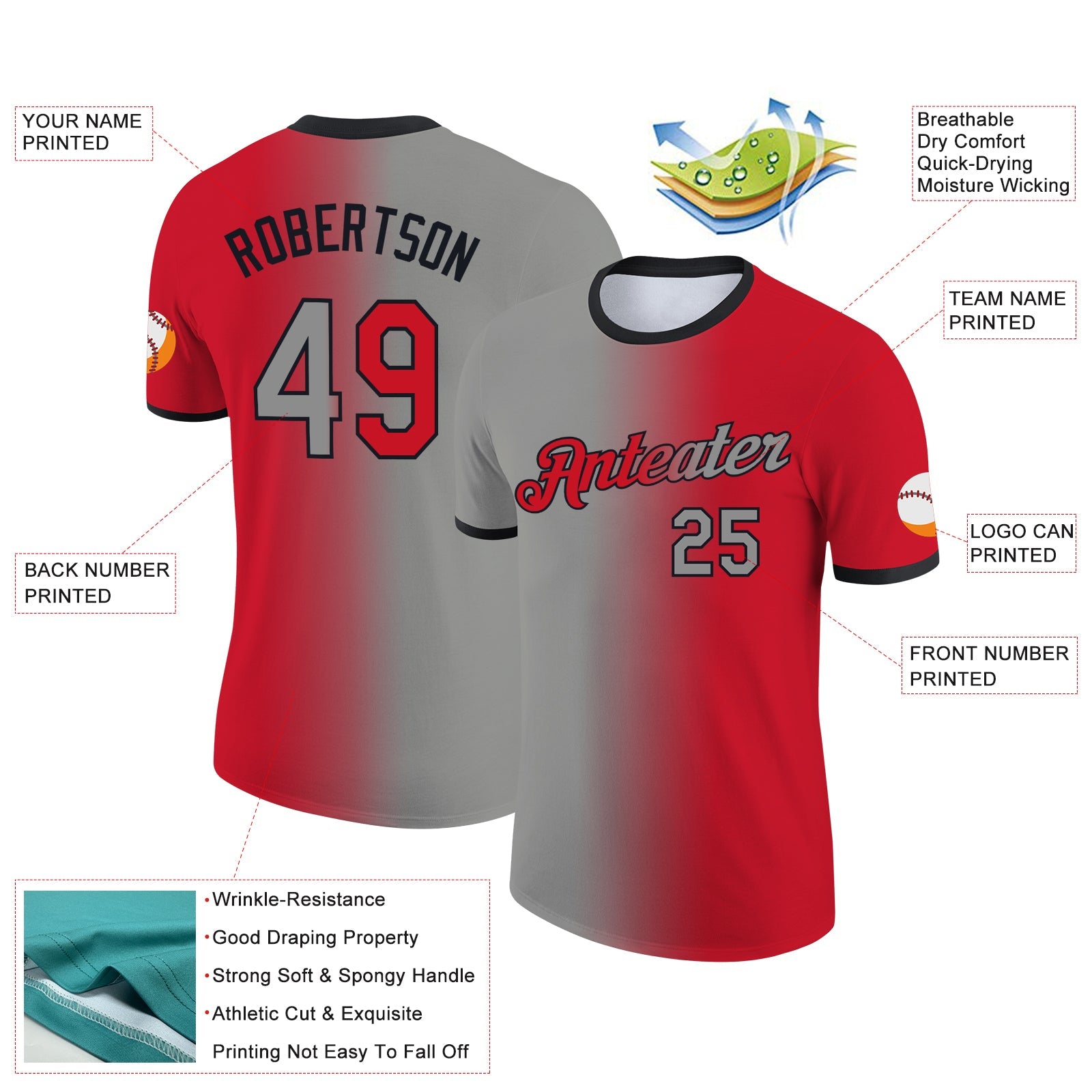 Custom Red Gray-Black Gradient Fashion Performance T-Shirt view 2