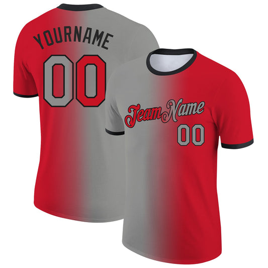Custom Red Gray-Black Gradient Fashion Performance T-Shirt - Main View