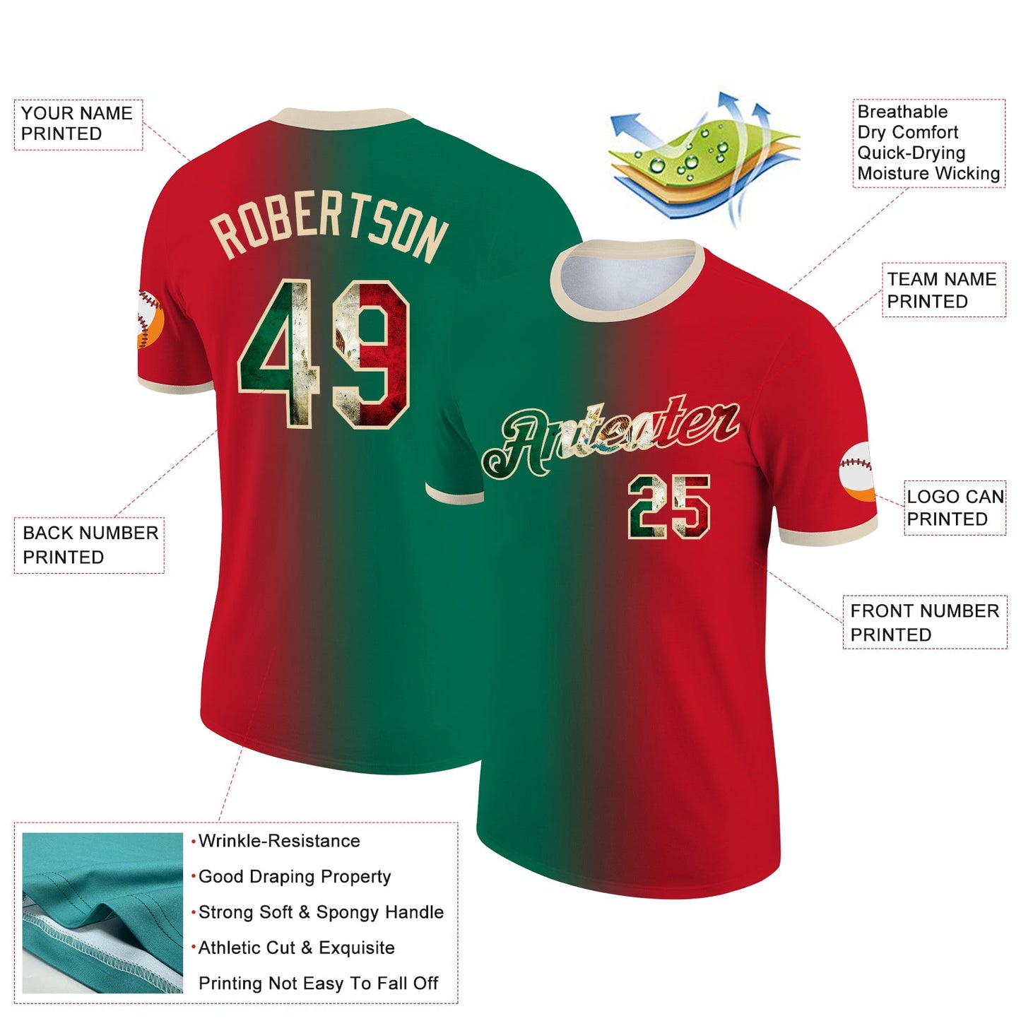 Custom Red Vintage Mexican Flag Kelly Green-City Cream Gradient Fashion Performance T-Shirt view 2