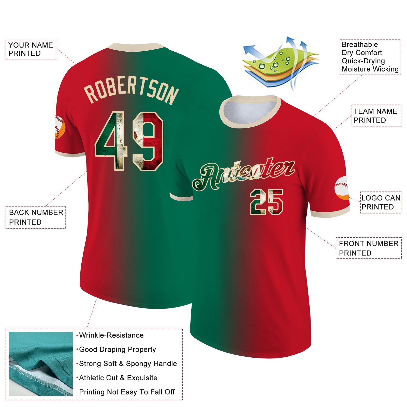 Custom Red Vintage Mexican Flag Kelly Green-City Cream Gradient Fashion Performance T-Shirt view 2