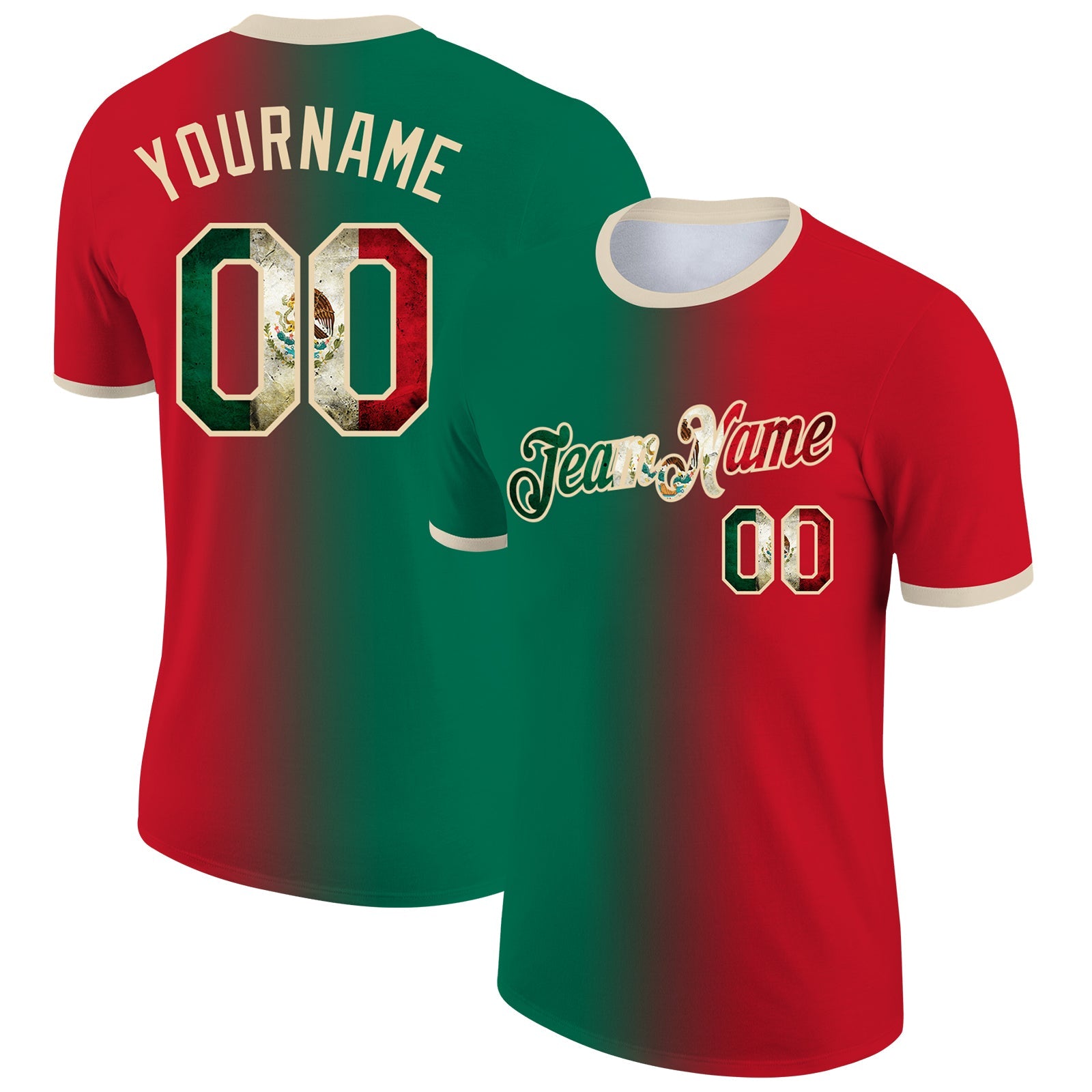 Custom Red Vintage Mexican Flag Kelly Green-City Cream Gradient Fashion Performance T-Shirt - Main View