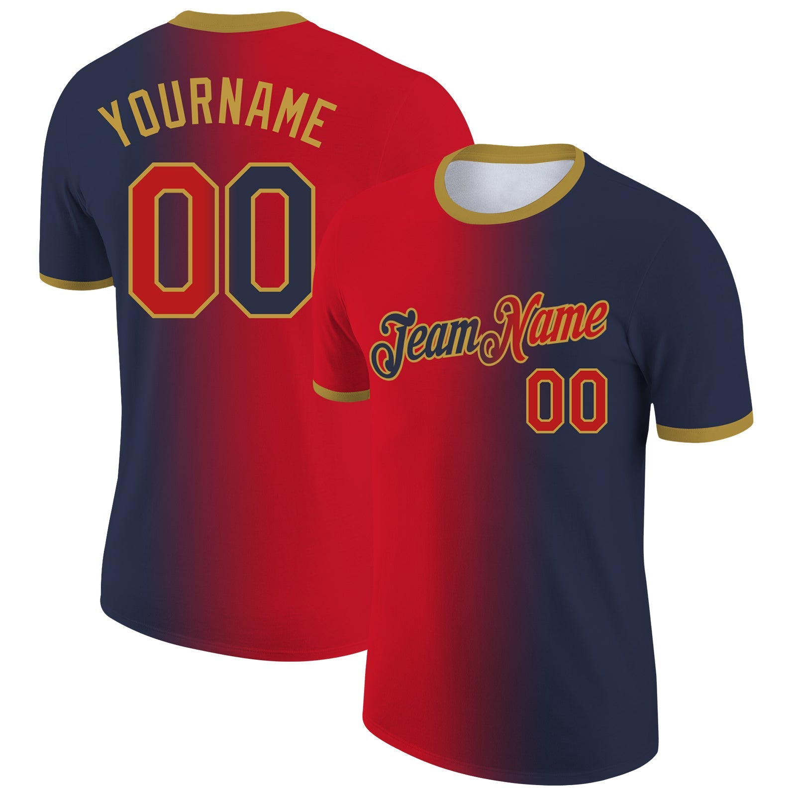 Custom Navy Red-Old Gold Gradient Fashion Performance T-Shirt - Main View