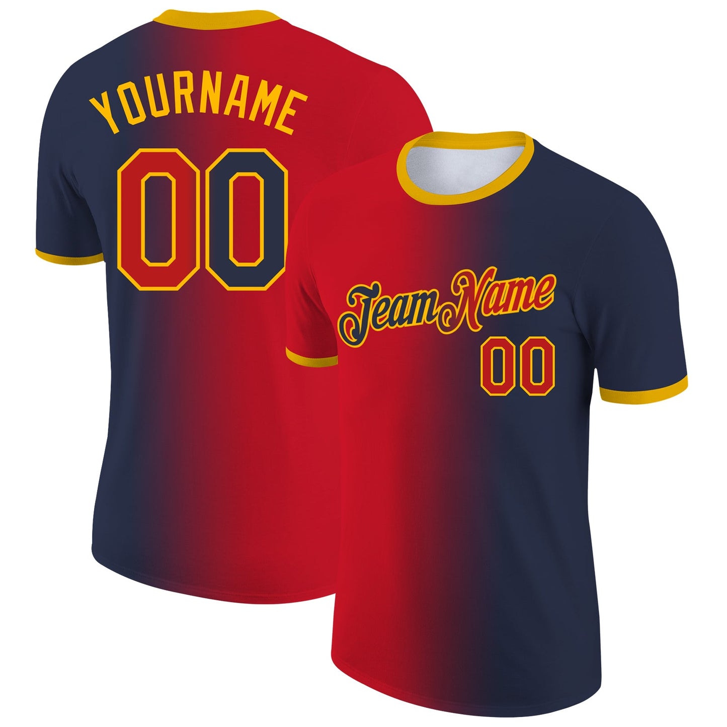 Custom Navy Red-Gold Gradient Fashion Performance T-Shirt - Main View