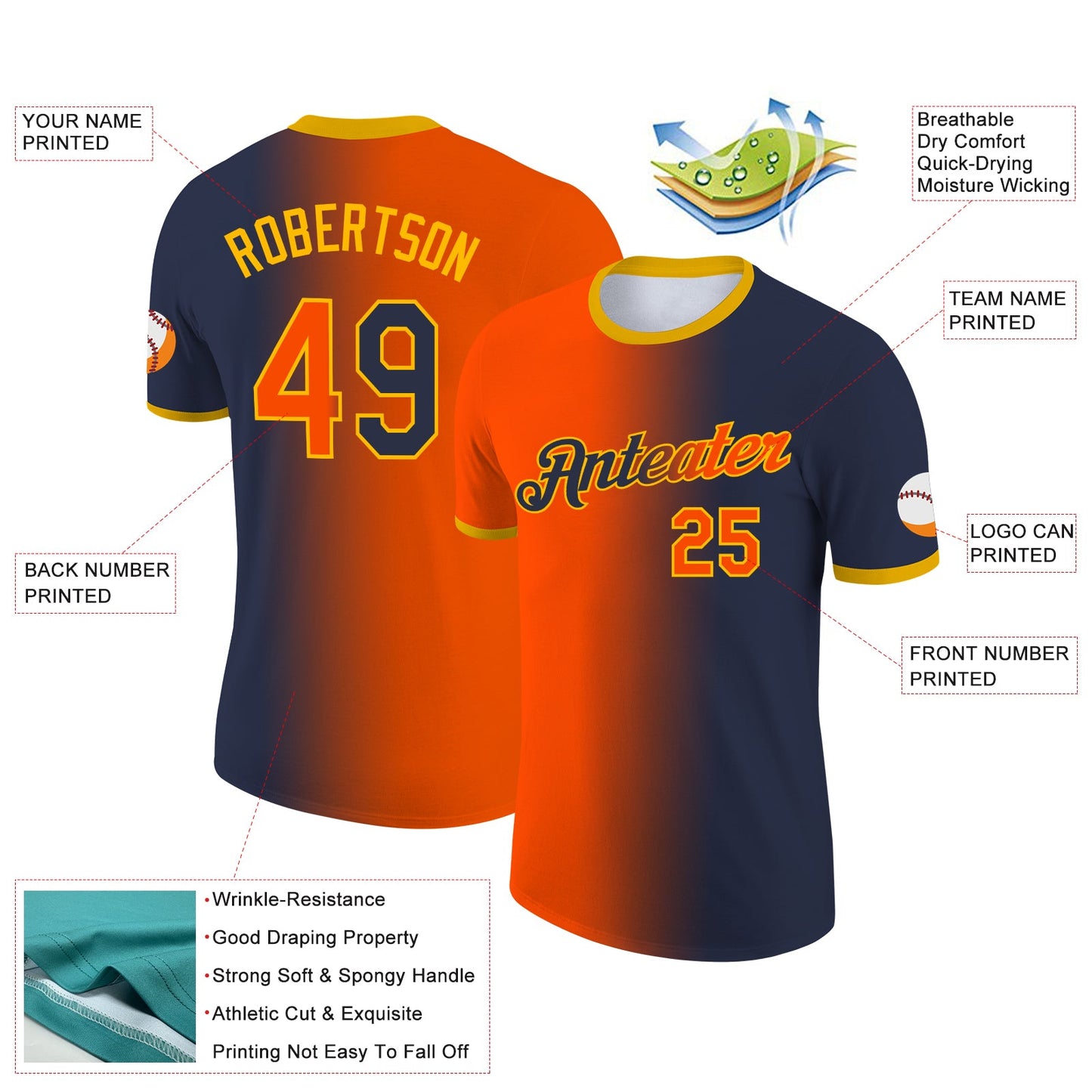 Custom Navy Orange-Gold Gradient Fashion Performance T-Shirt view 2